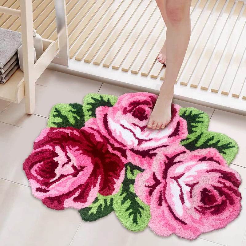 ABREEZE 3 Rose Shaped Rug Pink Roses Area Rug Shaggy Bath Mat Anti-Slip Mat Personalized Custom Carpets Doormat Bathroom Rug Super Water Absorbent, Machine Washable - Image 2